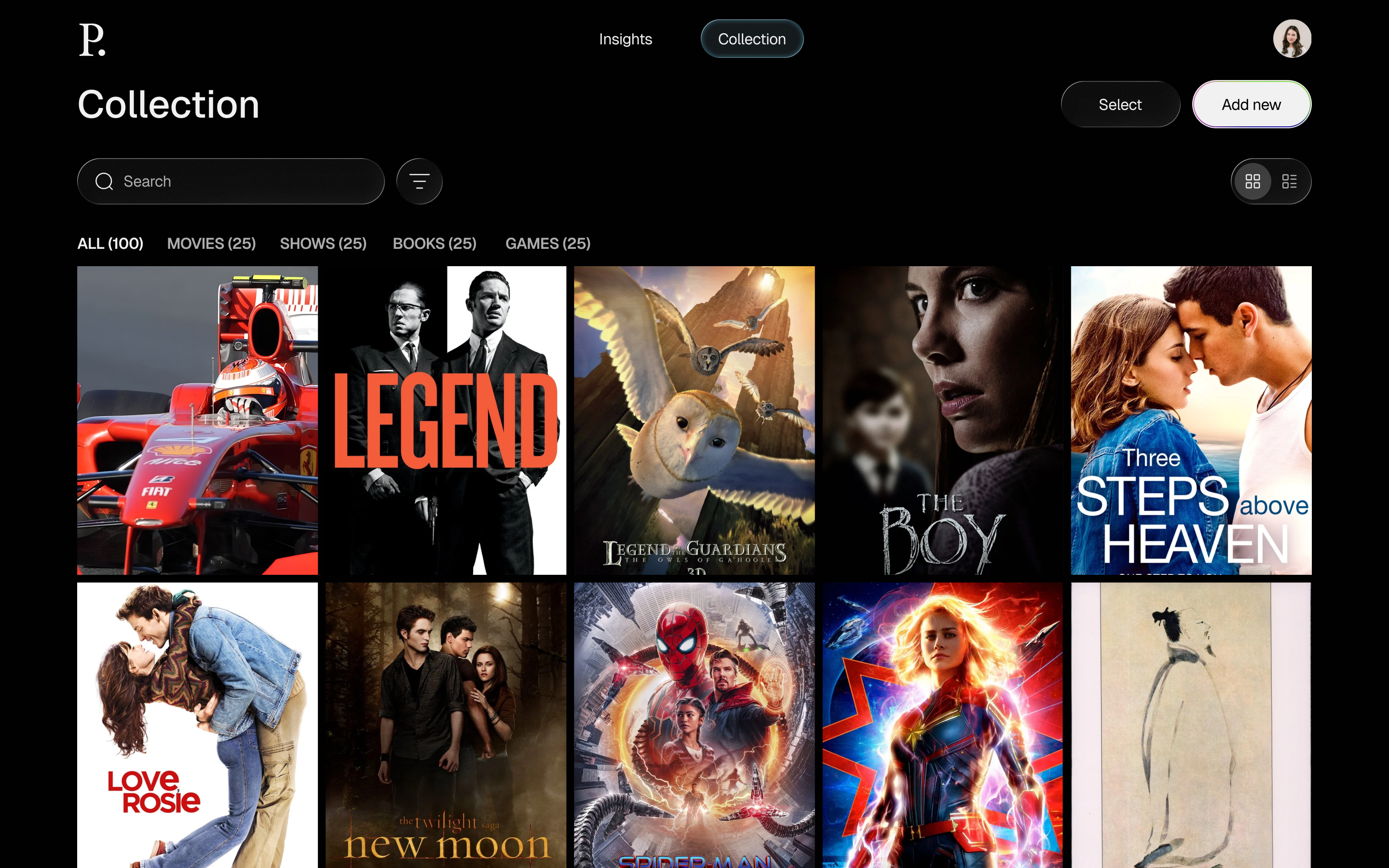 PlotPoint Collection on the web: your whole library in one grid — movies, shows, books, and games with Saved, In progress, and Completed states