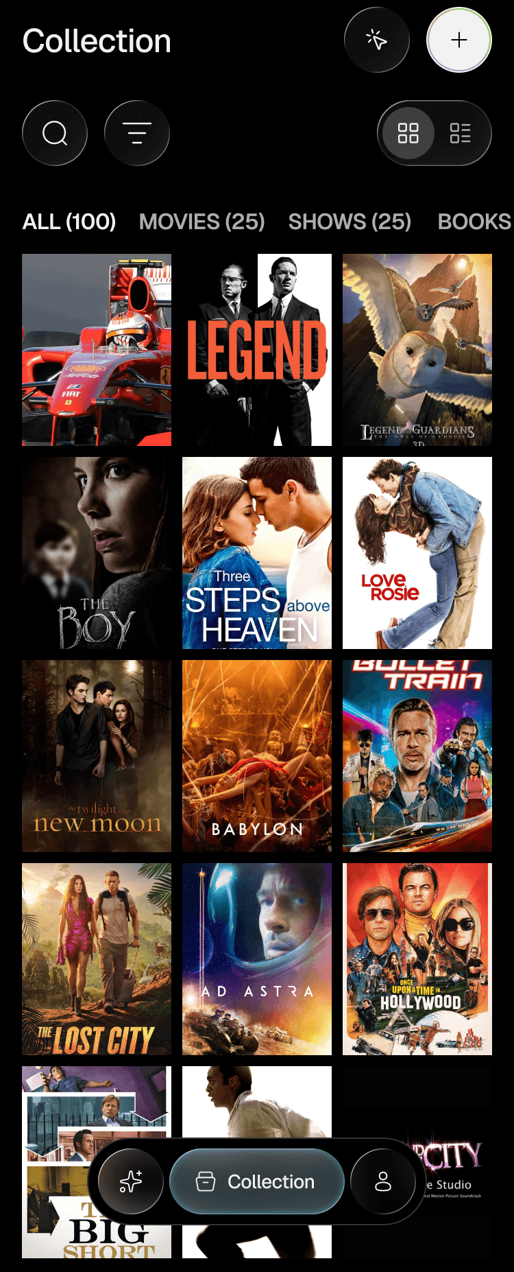 PlotPoint Collection on your phone: the same library as a poster grid — movies, shows, books, and games